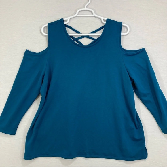 Lane Bryant Blue Cold Shoulder Soft Stretch Blouse Size 22/24 - Picture 1 of 10